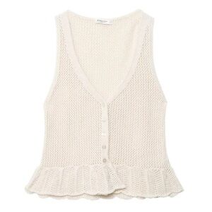 Stradivarius White Ruffle Hem Knitted Crochet Button Down Tank Top NWT XL